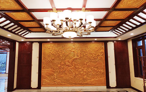 广阳中式别墅客厅中式木作横梁吊顶装饰展示