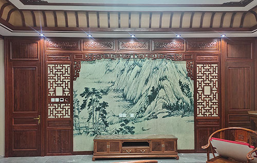 广阳中式仿古别墅客厅背景墙花格木作装饰